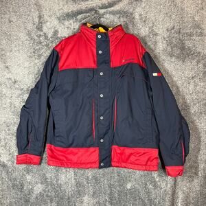 Tommy Hilfiger Jacket Mens XL Colorblock Blue Red Mock Neck y2k Fleece Lined